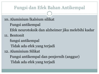 Fungsi dan Efek Bahan Antikempal

10. Aluminium lkalsium silikat
    Fungsi antikempal
    Efek neurotoksik dan alzheimer jika melebihi kadar
11. Bentonit
    fungsi antikempal
     Tidak ada efek yang terjadi
12. Aluminium Silikat
    Fungsi antikempal dan penjernih (anggur)
     Tidak ada efek yang terjadi
 