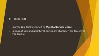 INTRODUCTION
• Leprosy is a disease caused by Mycobacterium leprae
• Lesions of skin and peripheral nerves are characteristic feature of
this disease
 