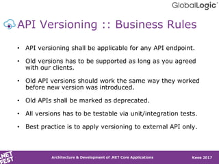 Киев 2017
API Versioning :: Business Rules
• API versioning shall be applicable for any API endpoint.
• Old versions has t...