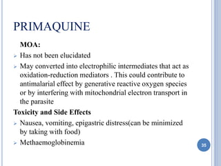 PRIMAQUINE
MOA:
 Has not been elucidated
 May converted into electrophilic intermediates that act as
oxidation-reduction mediators . This could contribute to
antimalarial effect by generative reactive oxygen species
or by interfering with mitochondrial electron transport in
the parasite
Toxicity and Side Effects
 Nausea, vomiting, epigastric distress(can be minimized
by taking with food)
 Methaemoglobinemia 35
 