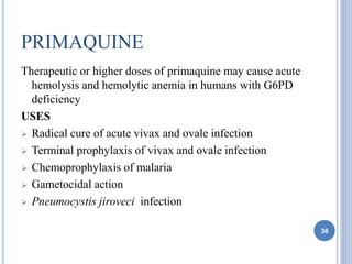 PRIMAQUINE
Therapeutic or higher doses of primaquine may cause acute
hemolysis and hemolytic anemia in humans with G6PD
deficiency
USES
 Radical cure of acute vivax and ovale infection
 Terminal prophylaxis of vivax and ovale infection
 Chemoprophylaxis of malaria
 Gametocidal action
 Pneumocystis jiroveci infection
36
 