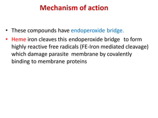 Mechanism of action
• These compounds have endoperoxide bridge.
• Heme iron cleaves this endoperoxide bridge to form
highly reactive free radicals (FE-Iron mediated cleavage)
which damage parasite membrane by covalently
binding to membrane proteins
 