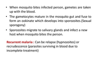 • When mosquito bites infected person, gametes are taken
up with the blood.
• The gametocytes mature in the mosquito gut and fuse to
form an ookinate which develops into sporozoites.(Sexual
sporogony)
• Sporozoites migrate to salivary glands and infect a new
host when mosquito bites the person.
Recurrent malaria : Can be relapse (hypnozoites) or
recrudescence (parasites surviving in blood due to
incomplete treatment)
 