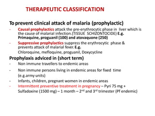 THERAPEUTIC CLASSIFICATION
Toprevent clinical attack of malaria (prophylactic)
- Causal prophylactics attack the pre-erythrocytic phase in liver which is
the cause of malarial infection.(TISSUE SCHIZONTOCIDE) E.g.
Primaquine, proguanil (100) and atovaquone (250)
- Suppressive prophylactics suppress the erythrocytic phase &
prevents attack of malarial fever. E.g.
Chloroquine, mefloquine, proguanil, Doxycycline
Prophylaxis adviced in (short term)
- Non immune travellers to endemic areas
- Non immune persons living in endemic areas for fixed time
(e.g.army units)
- Infants, children, pregnant women in endemic areas
- Intermittent preventive treatment in pregnancy – Pyri 75 mg +
Sulfadoxine (1500 mg) – 1 month – 2nd and 3rd trimester (Pf endemic)
 
