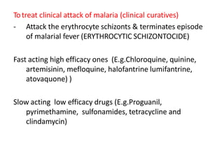 Totreat clinical attack of malaria (clinical curatives)
- Attack the erythrocyte schizonts & terminates episode
of malarial fever (ERYTHROCYTIC SCHIZONTOCIDE)
Fast acting high efficacy ones (E.g.Chloroquine, quinine,
artemisinin, mefloquine, halofantrine lumifantrine,
atovaquone) )
Slow acting low efficacy drugs (E.g.Proguanil,
pyrimethamine, sulfonamides, tetracycline and
clindamycin)
 