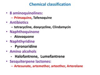 Chemical classification
• 8 aminoquinolines:
– Primaquine, Tafenoquine
• Antibiotics
– tetracycline, doxycycline, Clindamycin
• Naphthoquinone
- Atovaquone
• Naphthyridine
- Pyronaridine
• Amino alcohols
- Halofantrene, Lumefantrene
• Sesquiterpene lactones:
– Artesunate, artemether, arteether, Arterolane
 