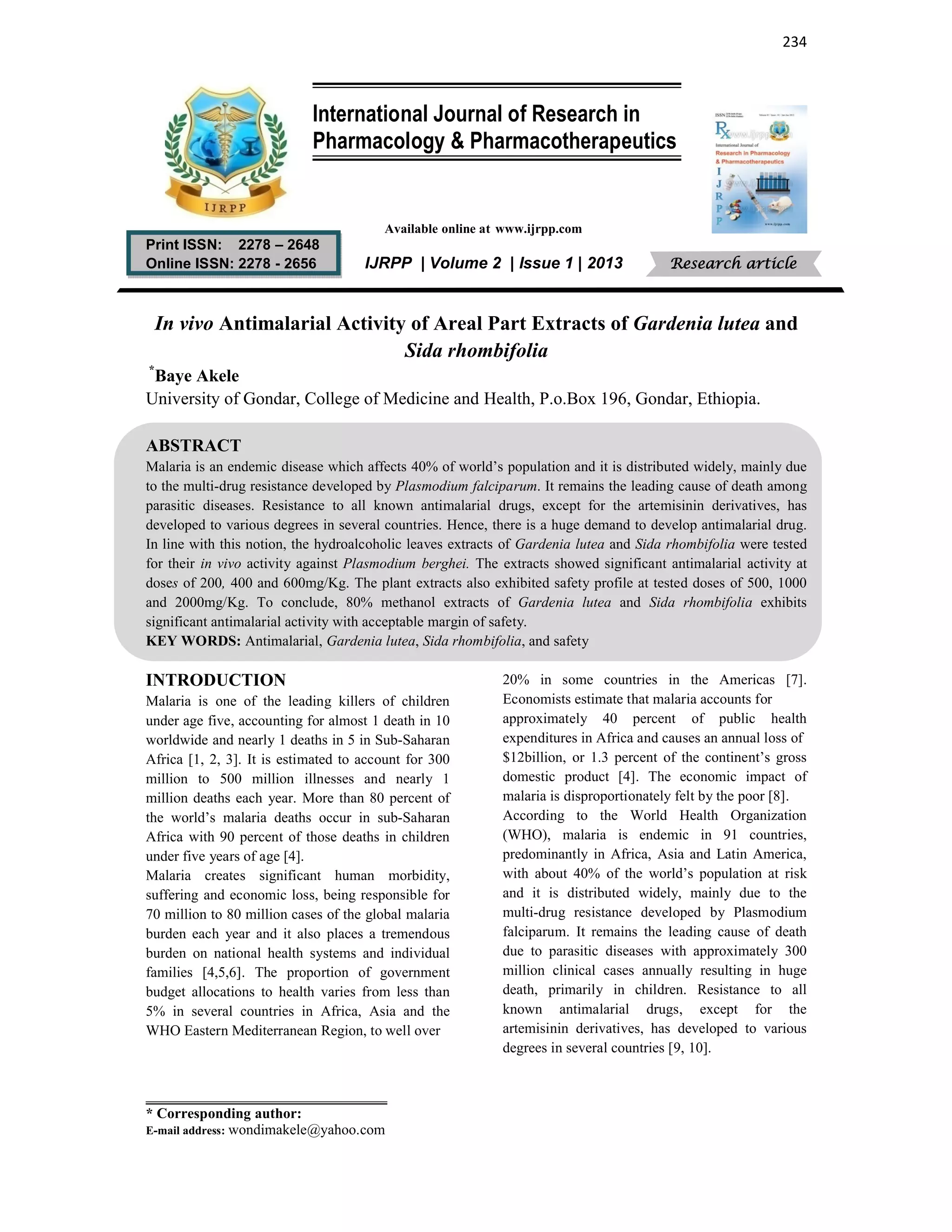 Antimalarial activity gardenia lutea and sida rhombifolia | PDF