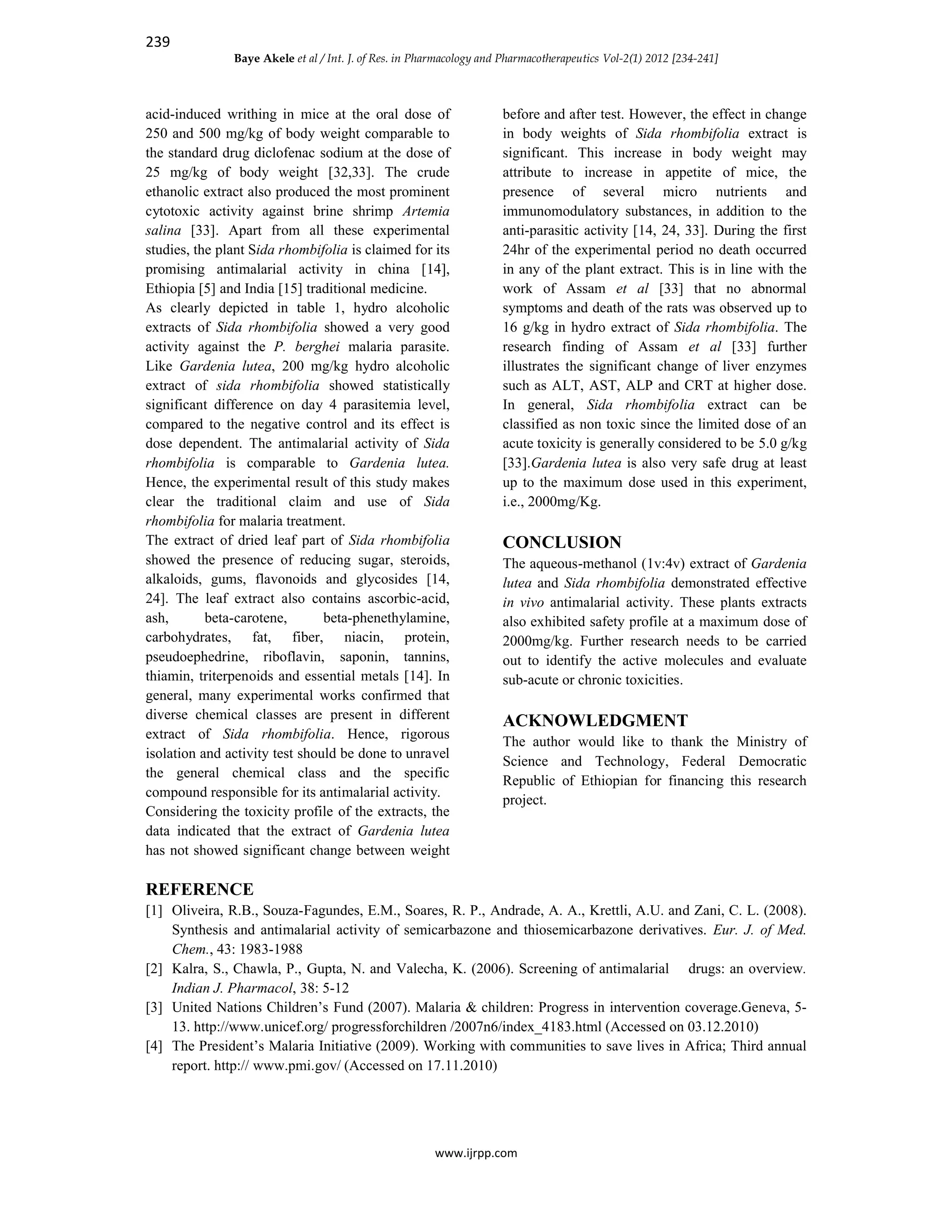 Antimalarial activity gardenia lutea and sida rhombifolia | PDF