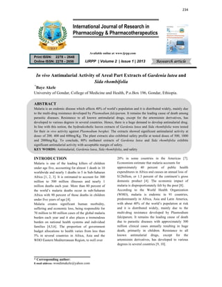 Antimalarial activity gardenia lutea and sida rhombifolia | PDF
