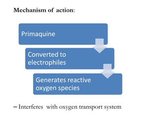 Mechanism of action:
– Interferes with oxygen transport system
Primaquine
Converted to
electrophiles
Generates reactive
oxygen species
 