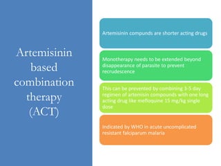Artemisinin
based
combination
therapy
(ACT)
Artemisinin compunds are shorter acting drugs
Monotherapy needs to be extended beyond
disappearance of parasite to prevent
recrudescence
This can be prevented by combining 3-5 day
regimen of artemisin compounds with one long
acting drug like mefloquine 15 mg/kg single
dose
Indicated by WHO in acute uncomplicated
resistant falciparum malaria
 