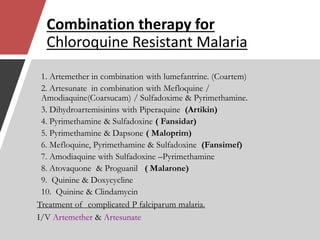 Combination therapy for
Chloroquine Resistant Malaria
1. Artemether in combination with lumefantrine. (Coartem)
2. Artesunate in combination with Mefloquine /
Amodiaquine(Coarsucam) / Sulfadoxime & Pyrimethamine.
3. Dihydroartemisinins with Piperaquine (Artikin)
4. Pyrimethamine & Sulfadoxine ( Fansidar)
5. Pyrimethamine & Dapsone ( Maloprim)
6. Mefloquine, Pyrimethamine & Sulfadoxine (Fansimef)
7. Amodiaquine with Sulfadoxine –Pyrimethamine
8. Atovaquone & Proguanil ( Malarone)
9. Quinine & Doxycycline
10. Quinine & Clindamycin
Treatment of complicated P falciparum malaria.
I/V Artemether & Artesunate
 
