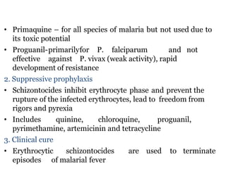 • Primaquine – for all species of malaria but not used due to
its toxic potential
• Proguanil-primarilyfor P. falciparum and not
effective against P. vivax (weak activity), rapid
development of resistance
2. Suppressive prophylaxis
• Schizontocides inhibit erythrocyte phase and prevent the
rupture of the infected erythrocytes, lead to freedom from
rigors and pyrexia
• Includes quinine, chloroquine, proguanil,
pyrimethamine, artemicinin and tetracycline
3. Clinical cure
• Erythrocytic schizontocides are used to terminate
episodes of malarial fever
 