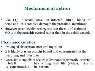 Mechanism of action
• Like CQ, it accumulates in infected RBCs, binds to
heme and this complex damages the parasite’s membrane
• However recent evidence suggests that the site of action of
MQ is in the parasitic cytosol rather than in the acidic vacuole
Pharmacokinetics
• Prolonged absorption after oral ingestion
• It is highly plasma protein bound and concentrated in the
liver, lung and intestines
• Extensive metabolism occurs in liver and is primarily secreted
in bile It has a long half life (17days) due to
its concentration in various
 