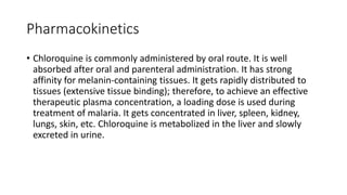 Pharmacokinetics
• Chloroquine is commonly administered by oral route. It is well
absorbed after oral and parenteral administration. It has strong
affinity for melanin-containing tissues. It gets rapidly distributed to
tissues (extensive tissue binding); therefore, to achieve an effective
therapeutic plasma concentration, a loading dose is used during
treatment of malaria. It gets concentrated in liver, spleen, kidney,
lungs, skin, etc. Chloroquine is metabolized in the liver and slowly
excreted in urine.
 