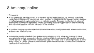 8-Aminoquinoline
• Primaquine
• It is a synthetic 8-aminoquinoline. It is effective against hepatic stages, i.e. Primary and latent
tissue forms of Plasmodia species that infect humans. It also has marked gametocidal activity but
is ineffective against erythrocytic forms of malarial parasite. The exact mechanism of action of
primaquine is unknown. It probably acts by generating reactive oxygen radicals and interfering
with the mitochondrial electron transport in the parasite.
•
• It is almost completely absorbed after oral administration, widely distributed, metabolized in liver
and excreted slowly in urine.
•
• Primaquine is used for radical cure and terminal prophylaxis of P. Vivax and P. Ovale as it has
strong activity against hypnozoites. For terminal prophylaxis, primaquine 15 mg daily is started
shortly before or after return from an endemic area. For radical cure of relapsing malaria (P. Vivax
and P. Ovale), a 2-week course of primaquine is given concurrently with chloroquine or after the
treatment of acute attack.
 