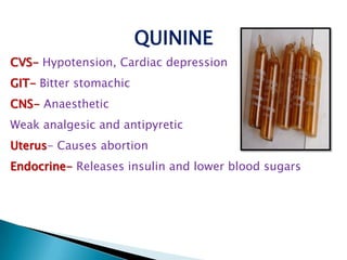 QUININE
CVS- Hypotension, Cardiac depression
GIT- Bitter stomachic
CNS- Anaesthetic
Weak analgesic and antipyretic
Uterus- Causes abortion
Endocrine- Releases insulin and lower blood sugars

 