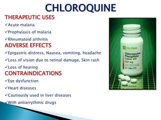 CHLOROQUINE
THERAPEUTIC USES
Acute malaria
Prophylaxis of malaria
Rheumatoid arthritis

ADVERSE EFFECTS
Epigastric distress, Nausea, vomiting, headache
Loss of vision due to retinal damage, Skin rash
Loss of hearing

CONTRAINDICATIONS
Eye dysfunction
Heart diseases
Cautiously used in liver diseases
With antiarrythmic drugs

 