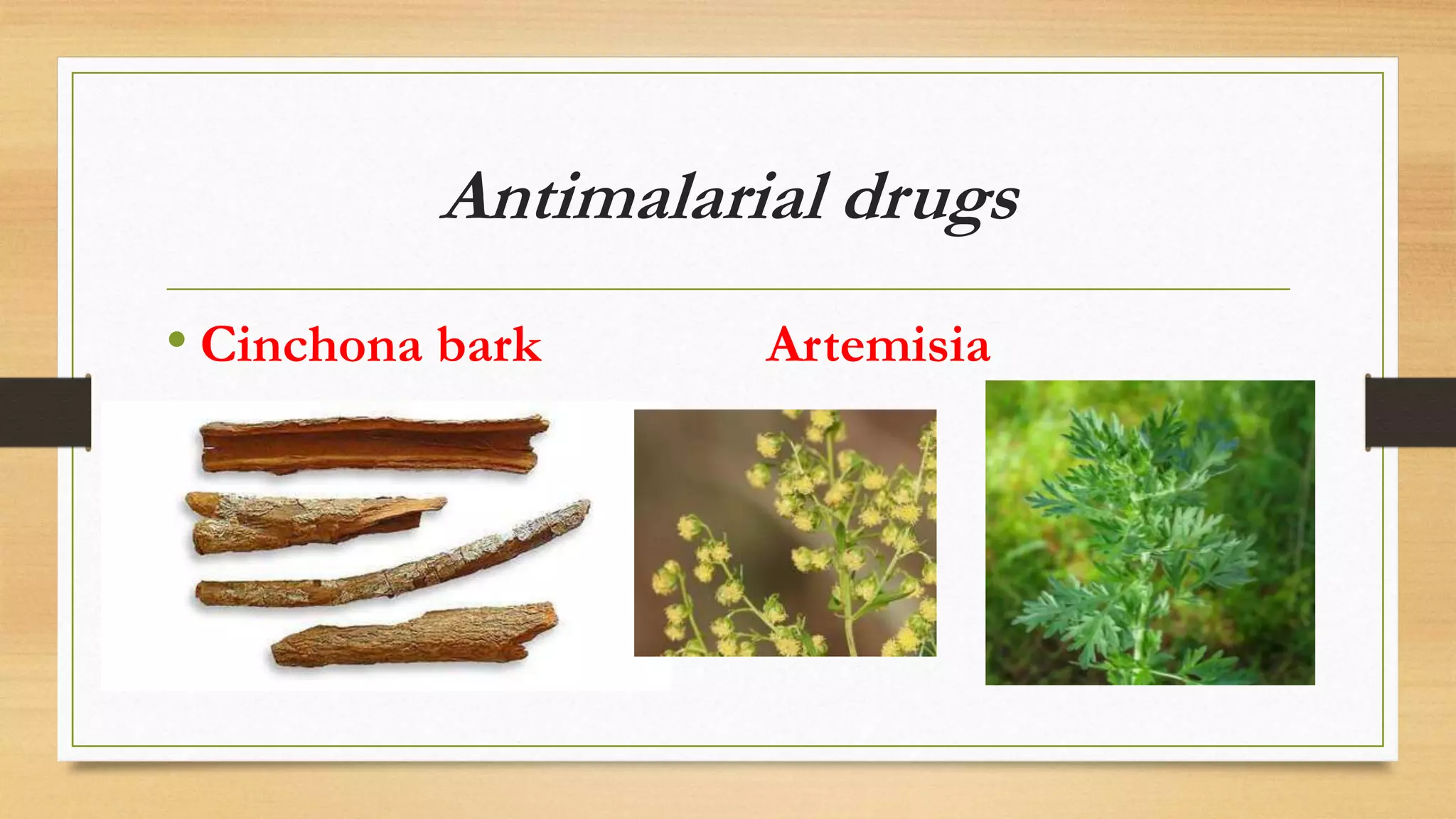 Antimalarial drugs
• Cinchona bark Artemisia
 