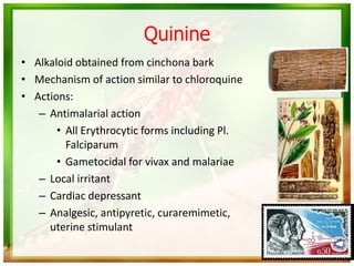 Quinine
• Alkaloid obtained from cinchona bark
• Mechanism of action similar to chloroquine
• Actions:
– Antimalarial action
• All Erythrocytic forms including Pl.
Falciparum
• Gametocidal for vivax and malariae
– Local irritant
– Cardiac depressant
– Analgesic, antipyretic, curaremimetic,
uterine stimulant
 