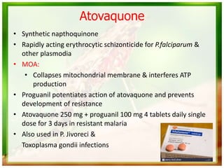 Atovaquone
• Synthetic napthoquinone
• Rapidly acting erythrocytic schizonticide for P.falciparum &
other plasmodia
• MOA:
• Collapses mitochondrial membrane & interferes ATP
production
• Proguanil potentiates action of atovaquone and prevents
development of resistance
• Atovaquone 250 mg + proguanil 100 mg 4 tablets daily single
dose for 3 days in resistant malaria
• Also used in P. Jivoreci &
Toxoplasma gondii infections
 