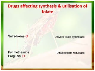 Drugs affecting synthesis & utilisation of
folate
Dihydrofolate reductase
Sulfadoxine Ѳ
Pyrimethamine
Proguanil Ѳ
 