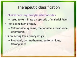 Therapeutic classification
• Clinical cure: erythrocytic schizonticides
– used to terminate an episode of malarial fever
• Fast acting high efficacy
– Chloroquine, quinine, mefloquine, atovaquone,
artemisinin
• Slow acting low efficacy drugs
– Proguanil, pyrimethamine, sulfonamides,
tetracyclines
 