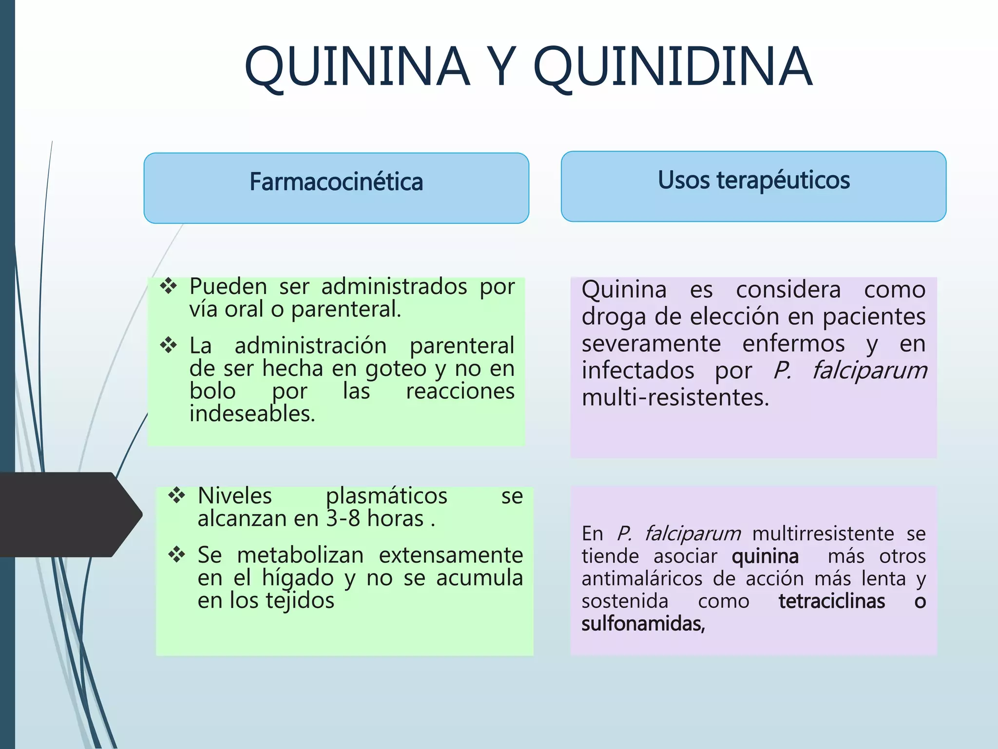 QUININA Y QUINIDINA
 Pueden ser administrados por
vía oral o parenteral.
 La administración parenteral
de ser hecha en goteo y no en
bolo por las reacciones
indeseables.
Farmacocinética
Quinina es considera como
droga de elección en pacientes
severamente enfermos y en
infectados por P. falciparum
multi-resistentes.
Usos terapéuticos
 Niveles plasmáticos se
alcanzan en 3-8 horas .
 Se metabolizan extensamente
en el hígado y no se acumula
en los tejidos
En P. falciparum multirresistente se
tiende asociar quinina más otros
antimaláricos de acción más lenta y
sostenida como tetraciclinas o
sulfonamidas,
 