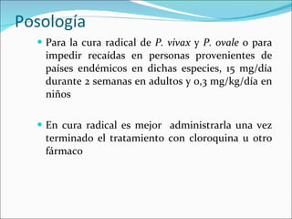 Posología Para la cura radical de  P. vivax  y  P. ovale  o para impedir recaídas en personas provenientes de países endémicos en dichas especies, 15 mg/día durante 2 semanas en adultos y 0,3 mg/kg/día en niños En cura radical es mejor  administrarla una vez terminado el tratamiento con cloroquina u otro fármaco 