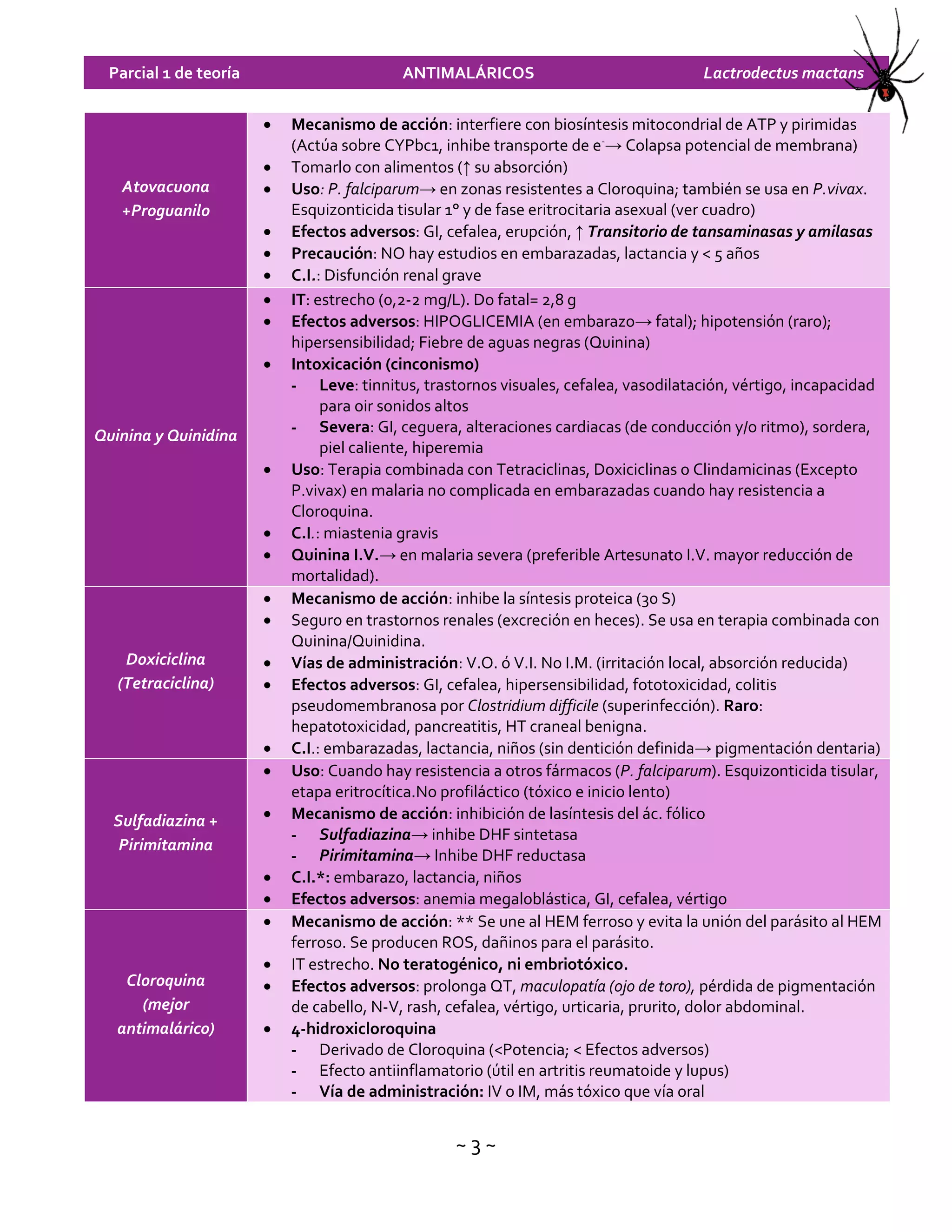 ~ 3 ~
Parcial 1 de teoría ANTIMALÁRICOS Lactrodectus mactans
Atovacuona
+Proguanilo
 Mecanismo de acción: interfiere con biosíntesis mitocondrial de ATP y pirimidas
(Actúa sobre CYPbc1, inhibe transporte de e-
→ Colapsa potencial de membrana)
 Tomarlo con alimentos (↑ su absorción)
 Uso: P. falciparum→ en zonas resistentes a Cloroquina; también se usa en P.vivax.
Esquizonticida tisular 1° y de fase eritrocitaria asexual (ver cuadro)
 Efectos adversos: GI, cefalea, erupción, ↑ Transitorio de tansaminasas y amilasas
 Precaución: NO hay estudios en embarazadas, lactancia y < 5 años
 C.I.: Disfunción renal grave
Quinina y Quinidina
 IT: estrecho (0,2-2 mg/L). Do fatal= 2,8 g
 Efectos adversos: HIPOGLICEMIA (en embarazo→ fatal); hipotensión (raro);
hipersensibilidad; Fiebre de aguas negras (Quinina)
 Intoxicación (cinconismo)
- Leve: tinnitus, trastornos visuales, cefalea, vasodilatación, vértigo, incapacidad
para oir sonidos altos
- Severa: GI, ceguera, alteraciones cardiacas (de conducción y/o ritmo), sordera,
piel caliente, hiperemia
 Uso: Terapia combinada con Tetraciclinas, Doxiciclinas o Clindamicinas (Excepto
P.vivax) en malaria no complicada en embarazadas cuando hay resistencia a
Cloroquina.
 C.I.: miastenia gravis
 Quinina I.V.→ en malaria severa (preferible Artesunato I.V. mayor reducción de
mortalidad).
Doxiciclina
(Tetraciclina)
 Mecanismo de acción: inhibe la síntesis proteica (30 S)
 Seguro en trastornos renales (excreción en heces). Se usa en terapia combinada con
Quinina/Quinidina.
 Vías de administración: V.O. ó V.I. No I.M. (irritación local, absorción reducida)
 Efectos adversos: GI, cefalea, hipersensibilidad, fototoxicidad, colitis
pseudomembranosa por Clostridium difficile (superinfección). Raro:
hepatotoxicidad, pancreatitis, HT craneal benigna.
 C.I.: embarazadas, lactancia, niños (sin dentición definida→ pigmentación dentaria)
Sulfadiazina +
Pirimitamina
 Uso: Cuando hay resistencia a otros fármacos (P. falciparum). Esquizonticida tisular,
etapa eritrocítica.No profiláctico (tóxico e inicio lento)
 Mecanismo de acción: inhibición de lasíntesis del ác. fólico
- Sulfadiazina→ inhibe DHF sintetasa
- Pirimitamina→ Inhibe DHF reductasa
 C.I.*: embarazo, lactancia, niños
 Efectos adversos: anemia megaloblástica, GI, cefalea, vértigo
Cloroquina
(mejor
antimalárico)
 Mecanismo de acción: ** Se une al HEM ferroso y evita la unión del parásito al HEM
ferroso. Se producen ROS, dañinos para el parásito.
 IT estrecho. No teratogénico, ni embriotóxico.
 Efectos adversos: prolonga QT, maculopatía (ojo de toro), pérdida de pigmentación
de cabello, N-V, rash, cefalea, vértigo, urticaria, prurito, dolor abdominal.
 4-hidroxicloroquina
- Derivado de Cloroquina (<Potencia; < Efectos adversos)
- Efecto antiinflamatorio (útil en artritis reumatoide y lupus)
- Vía de administración: IV o IM, más tóxico que vía oral
 