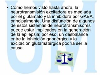 Como hemos visto hasta ahora, la neurotransmisión excitadora es mediada por el glutamato y la inhibidora por GABA, principalmente. Una disfunción de algunos de estos sistemas de neurotransmisores puede estar implicados en la generación de la epilepsia; por eso, un desbalance entre la inhibición gabaérgica y la excitación glutamatérgica podría ser la causa. 