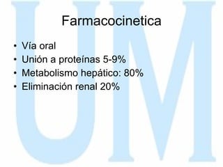 Farmacocinetica Vía oral Unión a proteínas 5-9% Metabolismo hepático: 80% Eliminación renal 20% 