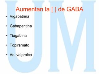 Aumentan la [ ] de GABA Vigabatrina Gabapentina  Tiagabina  Topiramato Ac. valproico 