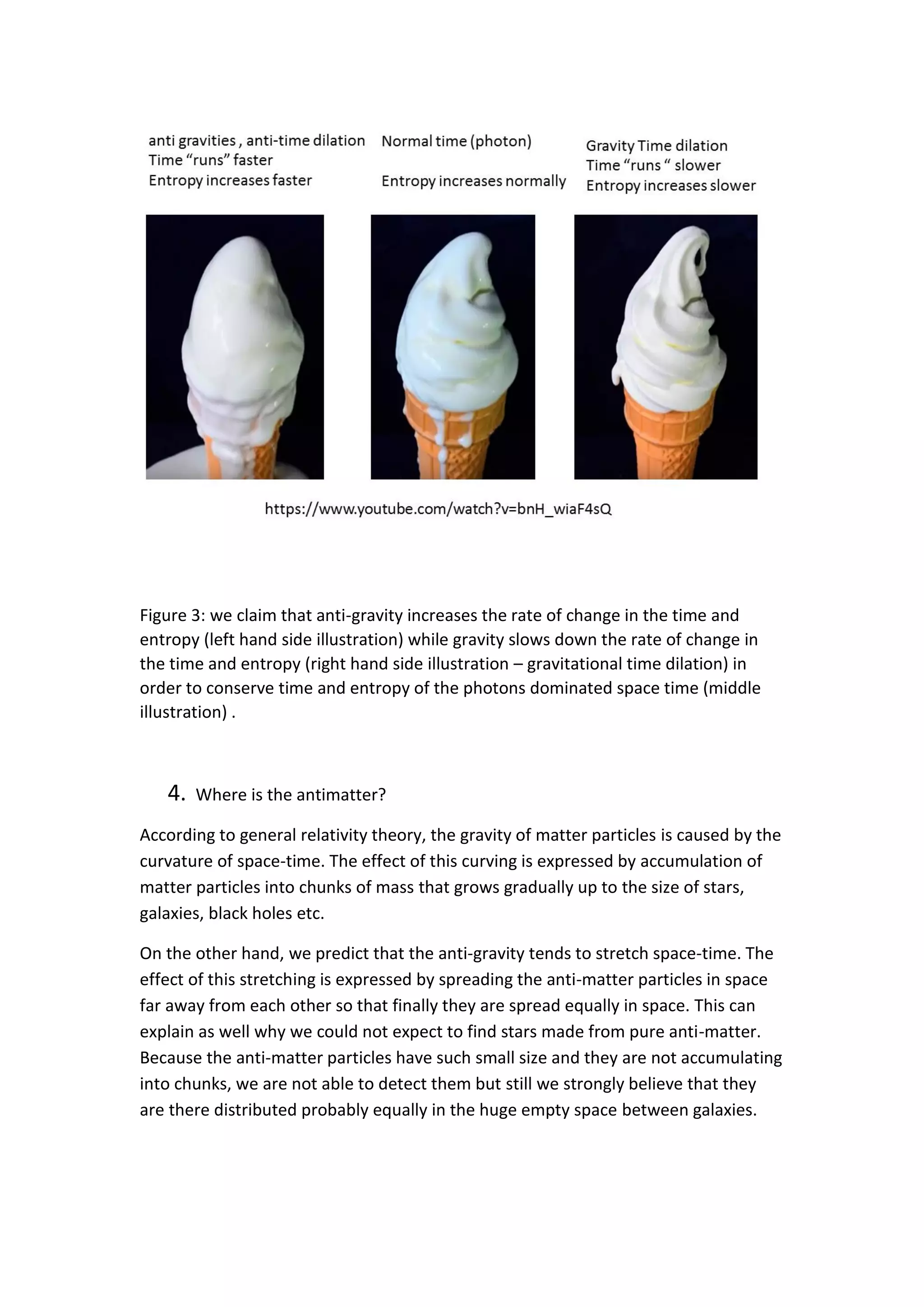 Figure 3: we claim that anti-gravity increases the rate of change in the time and
entropy (left hand side illustration) while gravity slows down the rate of change in
the time and entropy (right hand side illustration – gravitational time dilation) in
order to conserve time and entropy of the photons dominated space time (middle
illustration) .
4. Where is the antimatter?
According to general relativity theory, the gravity of matter particles is caused by the
curvature of space-time. The effect of this curving is expressed by accumulation of
matter particles into chunks of mass that grows gradually up to the size of stars,
galaxies, black holes etc.
On the other hand, we predict that the anti-gravity tends to stretch space-time. The
effect of this stretching is expressed by spreading the anti-matter particles in space
far away from each other so that finally they are spread equally in space. This can
explain as well why we could not expect to find stars made from pure anti-matter.
Because the anti-matter particles have such small size and they are not accumulating
into chunks, we are not able to detect them but still we strongly believe that they
are there distributed probably equally in the huge empty space between galaxies.
 