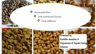  Antimetabolites
 Anti-nutritional factors.
 Feed additives
Presented by,
Karthika chandran A
Department of Aquatic biology &
Fisheries
 