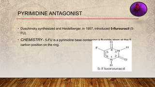 • Duschinsky synthesized and Heidelberger, in 1957, introduced 5-flurouracil (5-
FU).
• CHEMISTRY - 5-FU is a pyrimidine base containing a fluoride atom at the 5
carbon position on the ring.
PYRIMIDINE ANTAGONIST
 