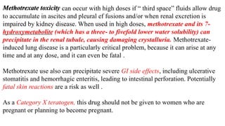 hydroxymetabolite (which has a three- to fivefold lower water solubility) can
precipitate in the renal tubule, causing damaging crystalluria. Methotrexate-
induced lung disease is a particularly critical problem, because it can arise at any
time and at any dose, and it can even be fatal .
Methotrexate use also can precipitate severe GI side effects, including ulcerative
stomatitis and hemorrhagic enteritis, leading to intestinal perforation. Potentially
fatal skin reactions are a risk as well .
As a Category X teratogen, this drug should not be given to women who are
pregnant or planning to become pregnant.
can occur with high doses if “ third space” fluids allow drug
to accumulate in ascites and pleural ef fusions and/or when renal excretion is
impaired by kidney disease. When used in high doses, methotrexate and its 7-
 