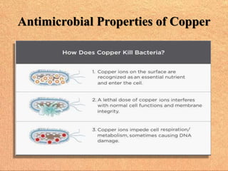 Antimicrobial Properties of Copper
• In addition to several copper medicinal
preparations, it was also observed centuries
...