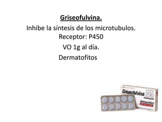 Griseofulvina. Inhibe la síntesis de los microtubulos. Receptor: P450 VO 1g al día.Dermatofitosis. 