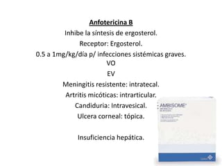 Anfotericina BInhibe la síntesis de ergosterol. Receptor: Ergosterol. 0.5 a 1mg/kg/día p/ infecciones sistémicas graves. VOEV Meningitis resistente: intratecal. Artritis micóticas: intrarticular. Candiduria: Intravesical.Ulcera corneal: tópica.  Insuficiencia hepática.   