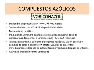 COMPUESTOS AZÓLICOS
• Disponible en presentación IV y VO  400 mg/día
• Se absorbe bien por VO  biodisponibilidad >90%
• Metabolismo hepático
• Inhibidor de CYP3A4 cuando se utiliza debe reducirse dosis de
ciclosporinas, tacrolimús e inhibidores de HMG-CoA reductasa
• Toxicidad: exantema, aumento de enzimas hepáticas, visión borrosa y
cambios de color o brillantez efectos visuales se presentan
inmediatamente después de administración y reducen después de 30 mins
• Actividad excelente contra Candida sp
VORICONAZOL
 