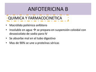 ANFOTERICINA B
• Macrólido poliénico anfótero
• Insoluble en agua  se prepara en suspensión coloidal con
desoxicolato de sodio para IV
• Se absorbe mal en el tubo digestivo
• Mas de 90% se une a proteínas séricas
QUIMICA Y FARMACOCINETICA
 