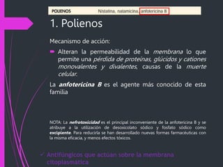 1. Polienos
Mecanismo de acción:
 Alteran la permeabilidad de la membrana lo que
permite una pérdida de proteínas, glúcidos y cationes
monovalentes y divalentes, causas de la muerte
celular.
La anfotericina B es el agente más conocido de esta
familia
NOTA: La nefrotoxicidad es el principal inconveniente de la anfotericina B y se
atribuye a la utilización de desoxicolato sódico y fosfato sódico como
excipiente. Para reducirla se han desarrollado nuevas formas farmacéuticas con
la misma eficacia, y menos efectos tóxicos.
 Antifúngicos que actúan sobre la membrana
citoplasmática
 