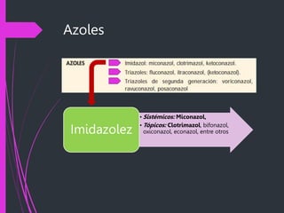 Azoles
• Sistémicos: Miconazol,
• Tópicos: Clotrimazol, bifonazol,
oxiconazol, econazol, entre otros
Imidazolez
 