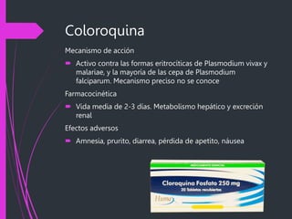 Coloroquina
Mecanismo de acción
 Activo contra las formas eritrocíticas de Plasmodium vivax y
malariae, y la mayoría de las cepa de Plasmodium
falciparum. Mecanismo preciso no se conoce
Farmacocinética
 Vida media de 2-3 días. Metabolismo hepático y excreción
renal
Efectos adversos
 Amnesia, prurito, diarrea, pérdida de apetito, náusea
 