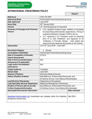 Title: Antimicrobial Prescribing Policy
Version: 3.1 Issued: January 2020 Page 1 of 20
ANTIMICROBIAL PRESCRIBING POLICY
POLICY
Reference CPG-TW-APP
Approving Body Antimicrobial Prescribing Working Group
Date Approved June 2018
Issue Date 29th
January 2020
Version v3.1 (formal approval not required)
Summary of Changes from Previous
Version
 v3.0, Updated Evidence base. Addition of examples
for prescribing antimicrobials (appendices). Timing of
surgical prophylaxis changes to 60min pre-op.
 v3.1, Appendix C for “Guidance notes for switching
from IV to Oral Antibiotics” and Appendix D for
“Antibiotics in Penicillin Allergy” – both added and
were previously separate documents on the intranet.
Supersedes v3.0 19th
June 2018 – June 2021
Document Category  Clinical
Consultation Undertaken Antimicrobial Prescribing Working Group
Date of Completion of Equality
Impact Assessment
27/4/18
Date of Environmental Impact
Assessment (if applicable)
N/A
Legal and/or Accreditation
Implications
N/A
Target Audience Trustwide
Review Date June 2021
Sponsor (Position) Executive Medical Director
Author (Position & Name) Desi Milanova, Antimicrobial Pharmacist; and
Dr Abhinav Kumar, Cons Medical Microbiologist
Lead Division/ Directorate Diagnostics & Out-patients
Lead Specialty/ Service/ Department Medicines Management (Pharmacy)
Position of Person able to provide
Further Guidance/Information
Desi Milanova, Antimicrobial Pharmacist; and
Dr Abhinav Kumar, Cons Medical Microbiologist
Associated Documents/ Information Date reviewed
Restricted Antimicrobial List (maintained and updated within the Antibiotic
Guidelines intranet site)
Dec 2018
 
