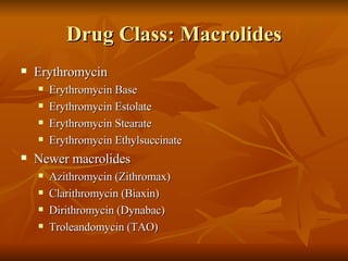 Drug Class: Macrolides Erythromycin  Erythromycin Base Erythromycin Estolate Erythromycin Stearate Erythromycin Ethylsuccinate Newer macrolides Azithromycin (Zithromax) Clarithromycin (Biaxin) Dirithromycin (Dynabac) Troleandomycin (TAO) 