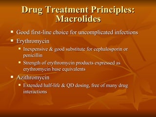 Drug Treatment Principles: Macrolides Good first-line choice for uncomplicated infections Erythromycin Inexpensive & good substitute for cephalosporin or penicillin Strength of erythromycin products expressed as erythromycin base equivalents  Azithromycin Extended half-life & QD dosing, free of many drug interactions 