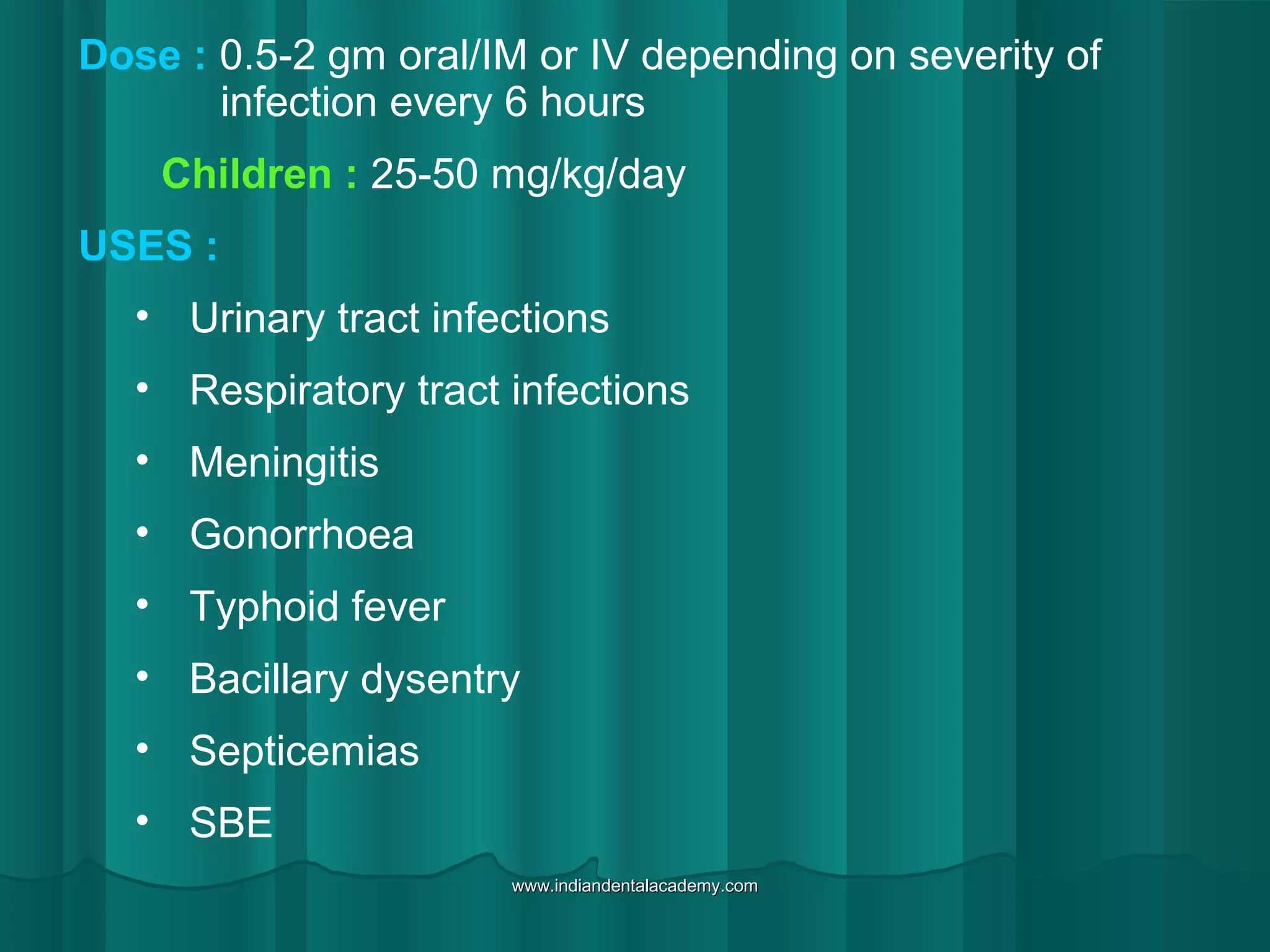 Dose : 0.5-2 gm oral/IM or IV depending on severity of
infection every 6 hours
Children : 25-50 mg/kg/day
USES :
• Urinary tract infections
• Respiratory tract infections
• Meningitis
• Gonorrhoea
• Typhoid fever
• Bacillary dysentry
• Septicemias
• SBE
www.indiandentalacademy.comwww.indiandentalacademy.com
 