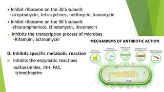 • Inhibit ribosome on the 30 S subunit
-streptomycin, tetracyclines, netilmycin, kanamycin
• Inhibit ribosome on the 50 S subunit
-chloramphenicol, clindamycin, lincomycin
 Inhibits the transcription process of microbes
-Rifampin, actinomycin
D. Inhibits specific metabolic reaction
 Inhibits the enzymatic reactions
-sulfonamides, INH, PAS,
trimethoprim
 